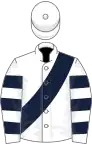 White, dark blue sash, hooped sleeves, white cap