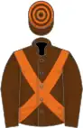 Brown, orange cross belts, hooped cap