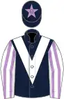 Dark blue, white chevron, white and mauve striped sleeves, dark blue cap, mauve star