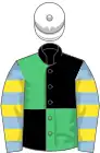 Black and emerald green quartered, light blue and yellow hooped sleeves, white cap