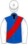 Blue, red sash, white sleeves, white cap