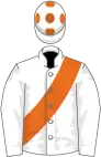 White, orange sash and spots on cap