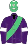 Purple, emerald green sash, purple sleeves, white armlets, emerald green cap, white spots