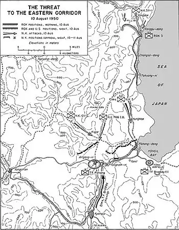 A map showing three large divisions of troops advancing through a line of opposing troops to the south