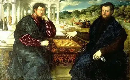 Image 31Paris Bordone, c. 1545, Chess players, oil on canvas, Mailand, Wohnhaus (from Chess in the arts)