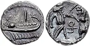 Ancient Phoenician Shekel (coin) depicting King Tennes fighting a beat (lion) on its face and a war galley on its reverse