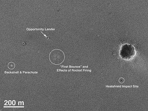 Mars Global Surveyor orbiter's photograph of landing site showing "hole in one."