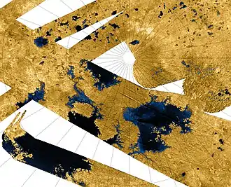 Image 29Titan's north polar hydrocarbon seas and lakes, as seen in a false-color Cassini synthetic aperture radar mosaic (from Lake)