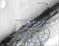 Curiosity rover landing site (green dot) -  Blue dot marks Glenelg Intrigue - Blue spot marks the Base of Mount Sharp - a planned area of study.