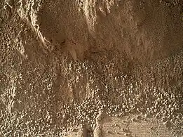 Sand on Mars – scoffmark made by Curiosity (MAHLI, October 4, 2012).