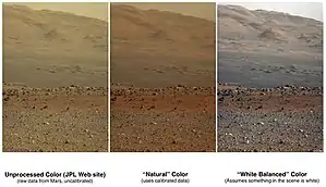 Comparison of color versions (raw, natural, white balance) of Aeolis Mons on Mars (23 August 2012)