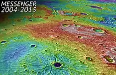 Perspective view of Caloris – high (red); low (blue).