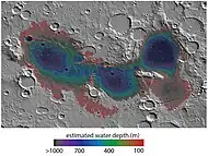 Map showing estimated water depth in different parts of Eridania Sea  This map is about 530 miles across.