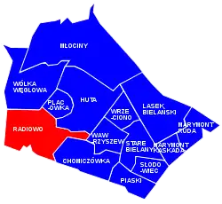 The location of Radiowo within the district of Bielany, in accordance to the divisions of the City Information System.