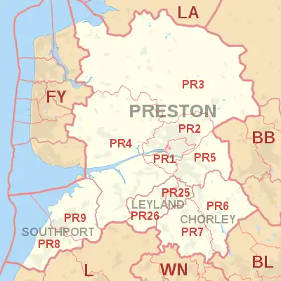 PR postcode area map, showing postcode districts, post towns and neighbouring postcode areas.