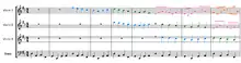 Sheet music showing the first nine measures of a particular song. The colours highlight the individual canonic entries.