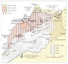 Image 43Map depicting the staged French pacification of Morocco through to 1934 (from History of Morocco)