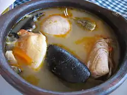 Paila marina, a shellfish soup containing different kinds of cooked fish and seasoned with herbs.