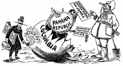 Image 121903 political cartoon. The U.S.'s intentions to influence the area (especially the Panama Canal construction and control) led to the separation of Panama from Colombia. (from Political cartoon)