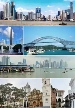 Top to bottom, left to right: Panama Canal, Skyline, Bridge of the Americas, The bovedas, Casco Viejo of Panama (Spanish for "old quarter") and Metropolitan Cathedral of Panama.