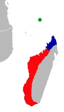 Map showing distribution of Paratriaenops in Madagascar and the Seychelles