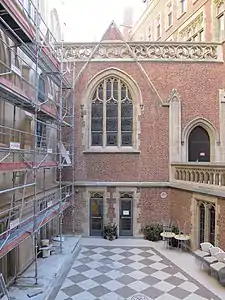 The courtyard, with the parish house on the right and the sanctuary on the left