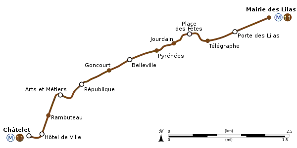 Geographically accurate route of Métro Line 11.