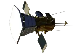 Digital model of a spacecraft with a bus attached to a larger sun-shield. Two small solar panels are attached to the side of the bus, along with four rear-facing antennas.