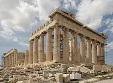 The Parthenon under restoration in 2008, the most iconic Classical building, built from 447 BC to 432 BC, located in Athens