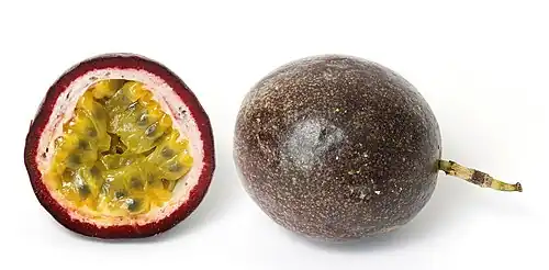 Image 11PassionfruitPhoto credit: Fir0002A ripe passionfruit and the cross-section of another. Passionfruits are the fruit of the passion flower vine species Passiflora edulis, which is native to Brazil and northeastern Argentina, but is now cultivated commercially in frost-free areas in many countries for its fruit. Passionfruit comes in two varieties: purple (seen here), which is usually smaller than a lemon, and yellow, which is about the size of a grapefruit.More selected pictures