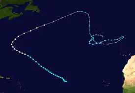 A map plotting the track and intensity of Hurricane Paulette at 6-hour intervals during its September 7–28, 2020, lifetime.