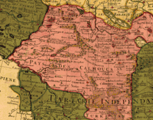 This map fragment shows territories of Oirats as in 1706 (Map Collection of the Library of Congress: "Carte de Tartarie" of Guillaume de L'Isle (1675–1726)).