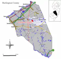 Location of Pemberton Heights in Burlington County highlighted in red (left). Inset map: Location of Burlington County in New Jersey highlighted in black (right).