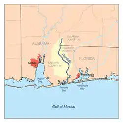 Location of Pensacola Pass in Florida Panhandle, at the Gulf of Mexico.