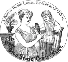 An advertisement for the "Perfect Health Corset". A woman in a corset shows a young girl, also wearing a corset, her reflection in the mirror.