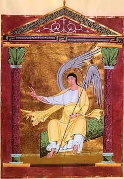 Folio 117r of the Pericopes of Henry II, Reichenau, c. 1002 - 1012: the Angel on the Tomb