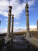 Persian columns at Persepolis, Iran, with fluting in the bases, shafts and capitals.