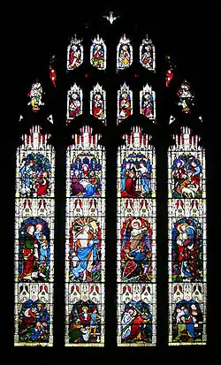 Clayton and Bell. A narrative window with elegant forms and colour which is both brilliant and subtle in its combinations. Peterborough Cathedral