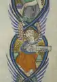 England. Angel with a citole. Art from right margin of Peterborough Psalter (Brussels copy), c. before 1321. Citole's thick neck is just visible at the edges of the fingerboard.