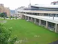 Looking down on the Pete lawn from Sutherland Drive. The lower level of the Pete shows the outside of the Baierl Rec Center.