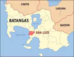 Map of Batangas with San Luis highlighted