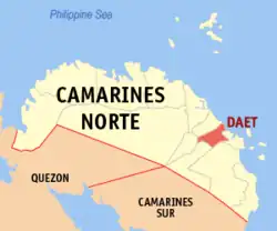 Map of Camarines Norte with Daet highlighted