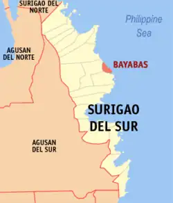 Map of Surigao del Sur with Bayabas highlighted