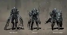 Concept art showing three versions of a humanoid alien that has undergone mutations from Mist Stalker to Brawler to Shielded Gunner