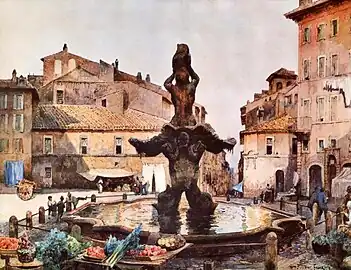 Piazza Barberini, painted by Ettore Roesler Franz around 1880, featuring the Triton Fountain.