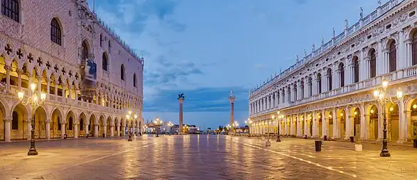 Image 5View of Piazzetta San Marco toward Grand Canal of Venice, at dawn, with Doges' Palace on the left and Biblioteca Marciana on the right.