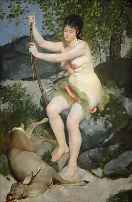 Oil painting of a nude woman who sits on a rock and leans on a bow. At her feet is a dead deer with its neck pierced by an arrow.