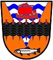 Rhyl Town Council (Wales): Tenny, a pile barruly wavy argent and azure, over all a fish weir sable, staked gules, in fess between a lymphad sail set, pennon and flags flying, gules, and in base a salmon naiant proper.