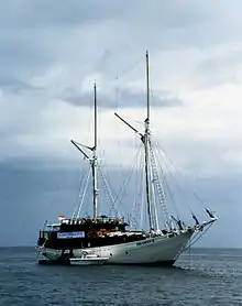 A pinisi boat sailing on the sea