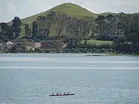 Puketutu Island's Pinnacle Hill, with a waka or canoe in the foreground.